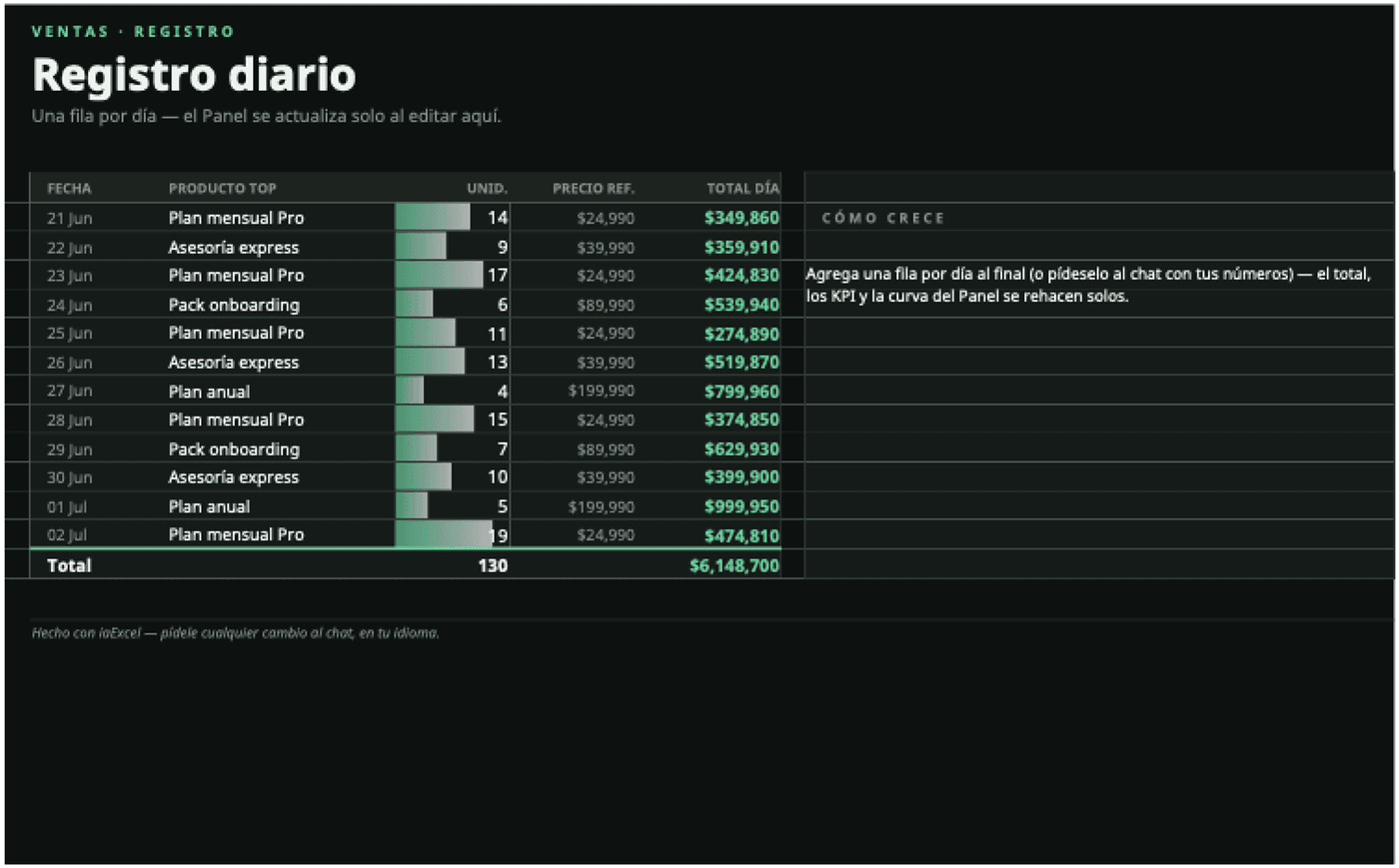 Daily sales register used as the source for analysis